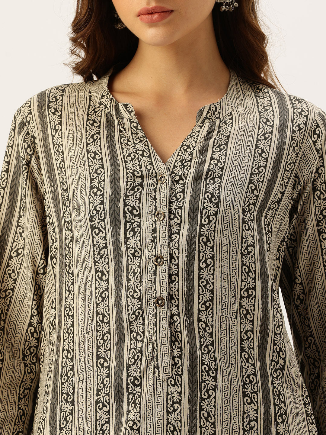 Beige & Black Ethnic Motifs Printed Kurta
