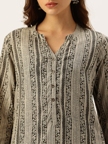 Beige & Black Ethnic Motifs Printed Kurta