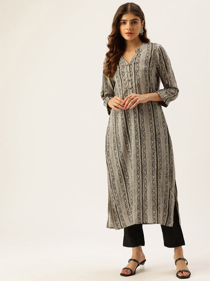 Beige & Black Ethnic Motifs Printed Kurta