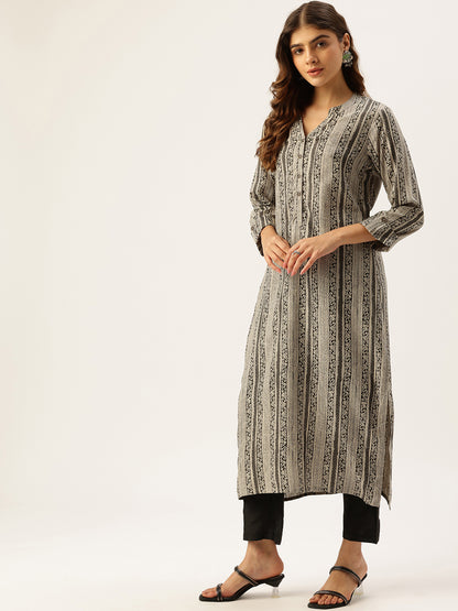 Beige & Black Ethnic Motifs Printed Kurta