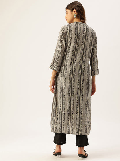 Beige & Black Ethnic Motifs Printed Kurta