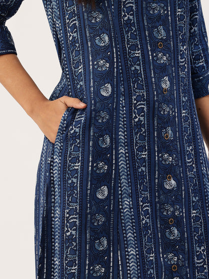 Indigo Ethnic Motifs Printed Roll-Up Sleeves Kurta