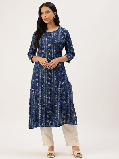 Indigo Ethnic Motifs Printed Roll-Up Sleeves Kurta