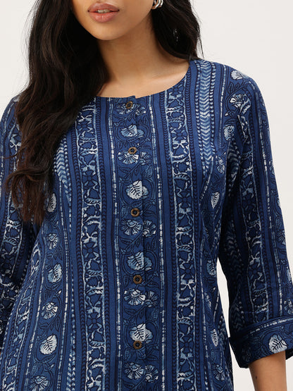 Indigo Ethnic Motifs Printed Roll-Up Sleeves Kurta