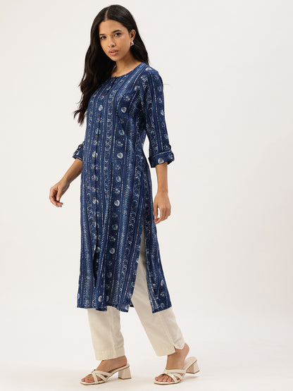 Indigo Ethnic Motifs Printed Roll-Up Sleeves Kurta