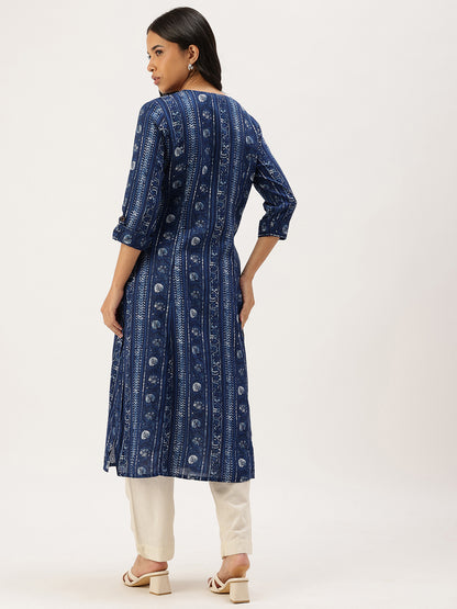 Indigo Ethnic Motifs Printed Roll-Up Sleeves Kurta