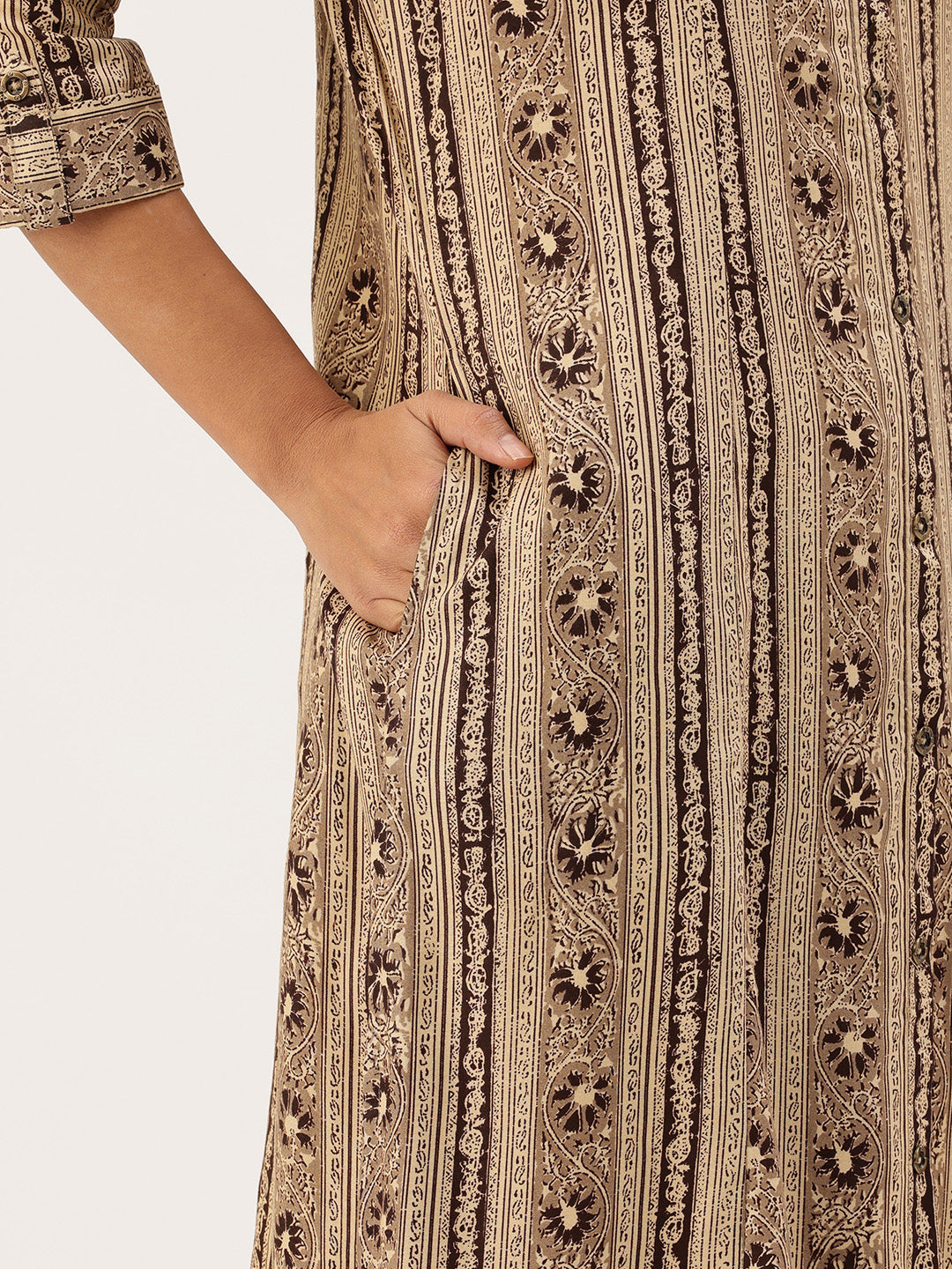 Beige Ethnic Motifs Printed Roll-Up Sleeves Kurta
