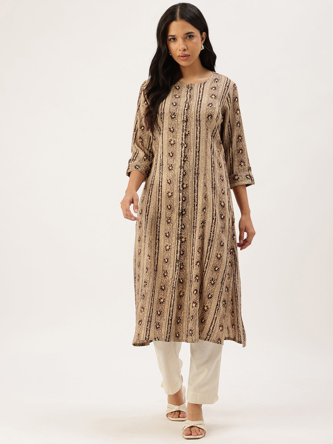 Beige Ethnic Motifs Printed Roll-Up Sleeves Kurta
