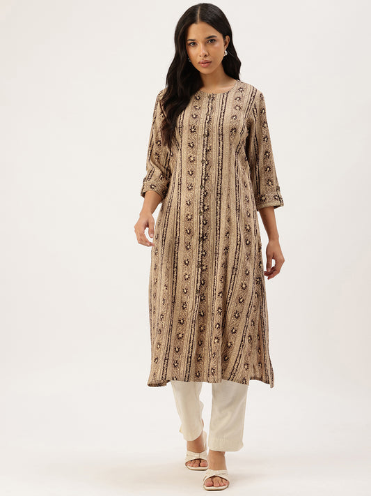Beige Ethnic Motifs Printed Roll-Up Sleeves Kurta