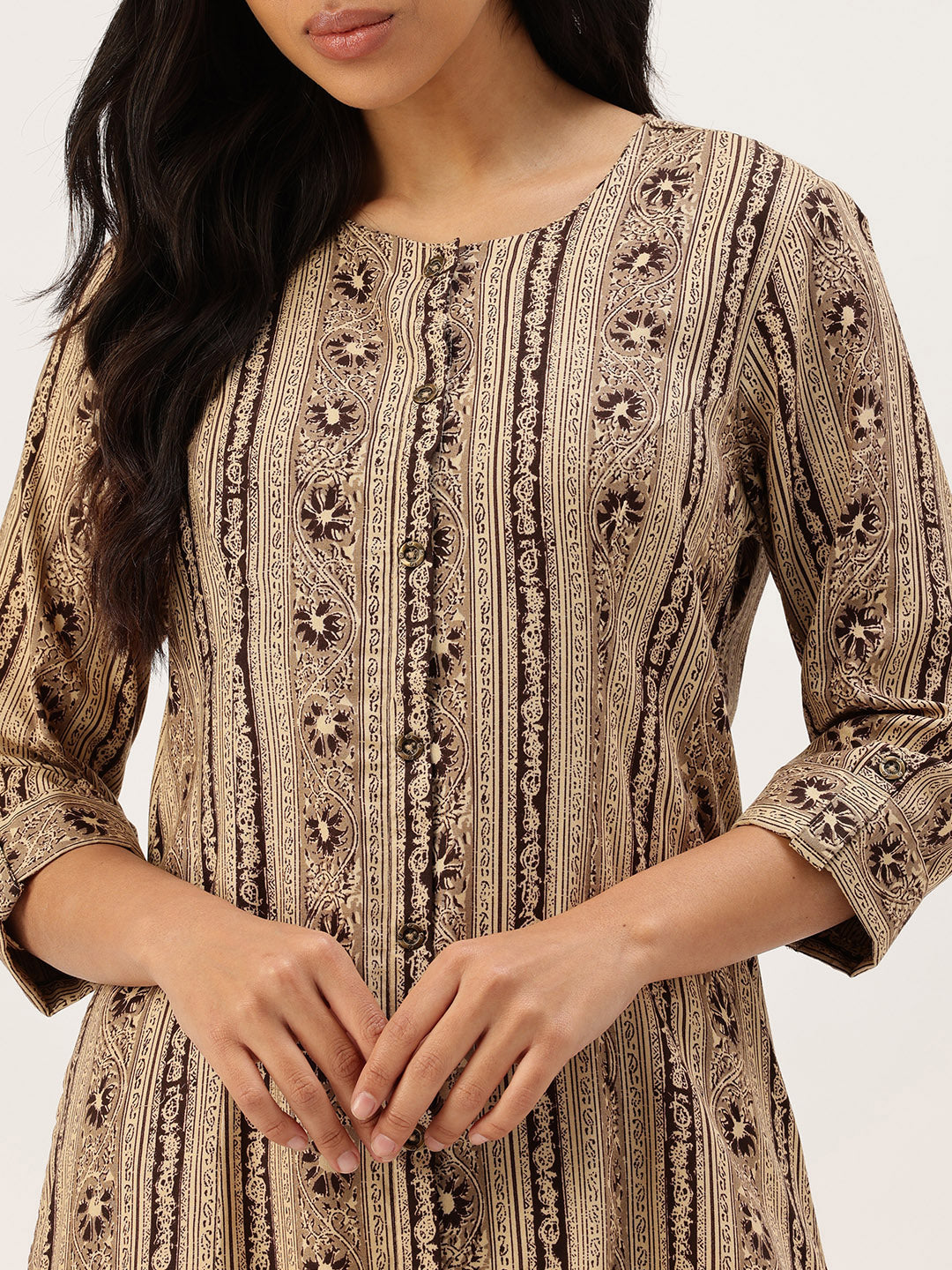 Beige Ethnic Motifs Printed Roll-Up Sleeves Kurta
