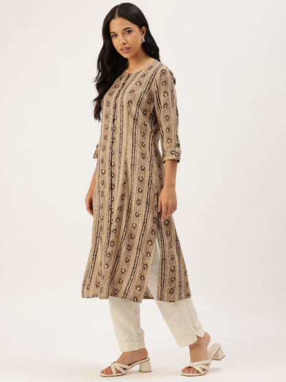 Beige Ethnic Motifs Printed Roll-Up Sleeves Kurta