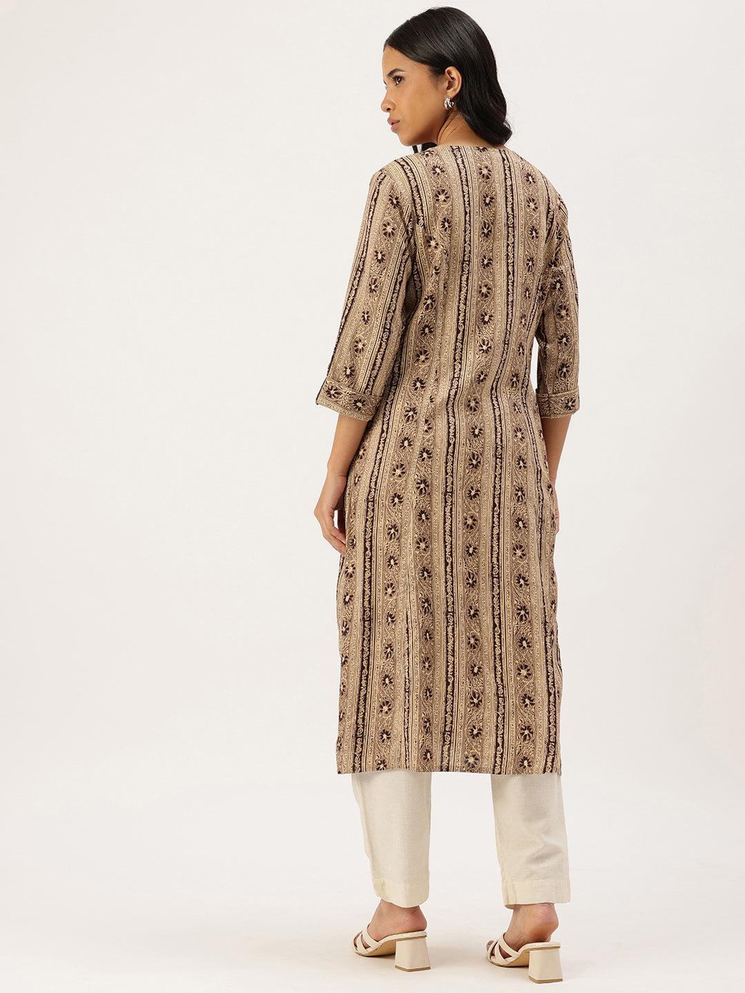 Beige Ethnic Motifs Printed Roll-Up Sleeves Kurta