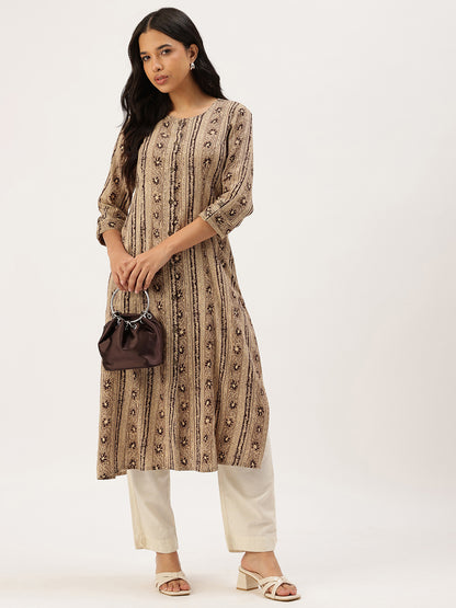 Beige Ethnic Motifs Printed Roll-Up Sleeves Kurta