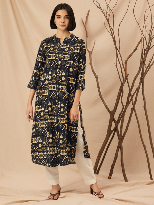 Black Geometric Printed A-Line Kurta