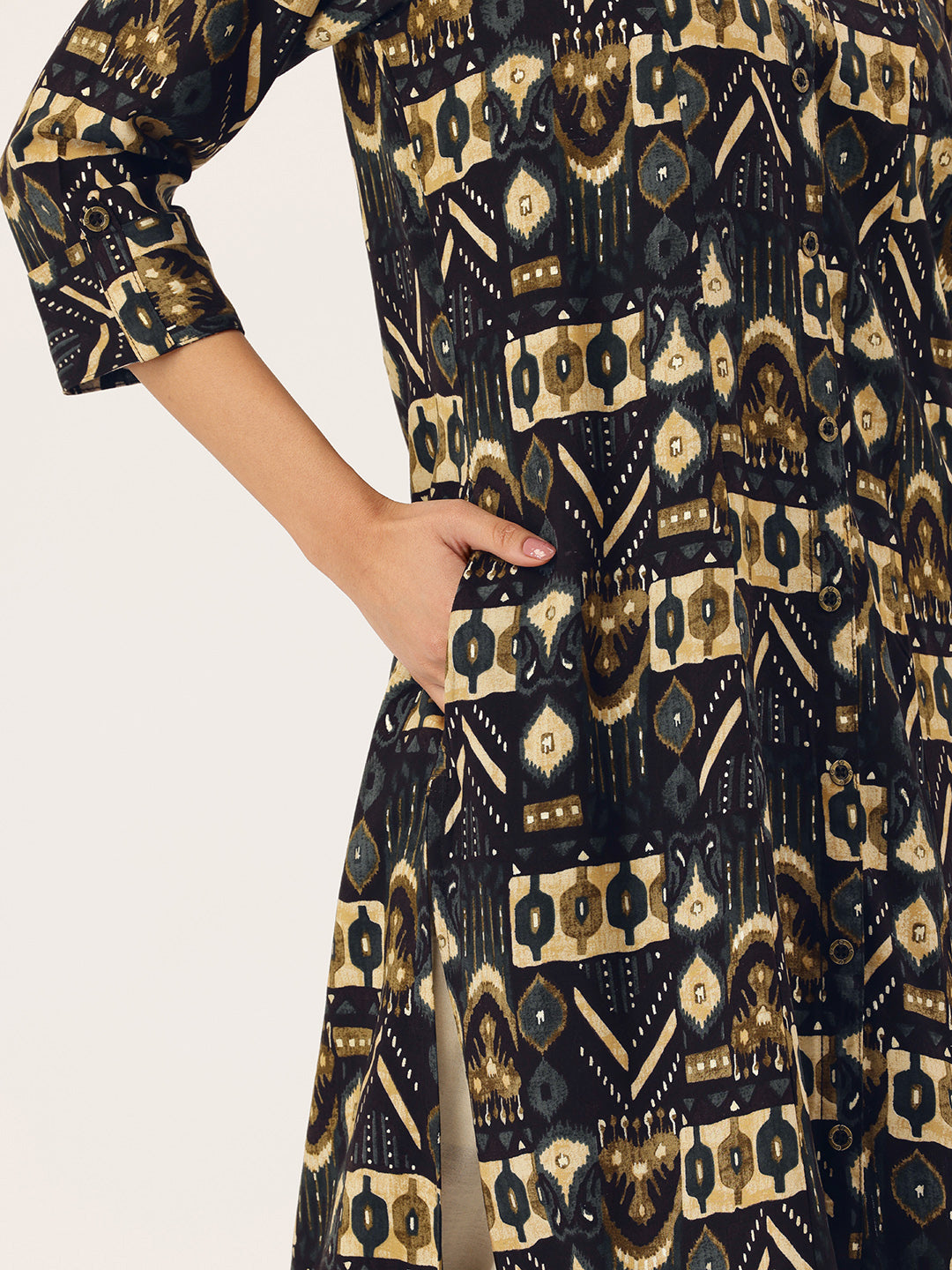 Black Geometric Printed A-Line Kurta, Black A-line kurta, geometric printed kurta, women ethnic wear, printed kurta for women, A-line kurta for women, black printed kurta