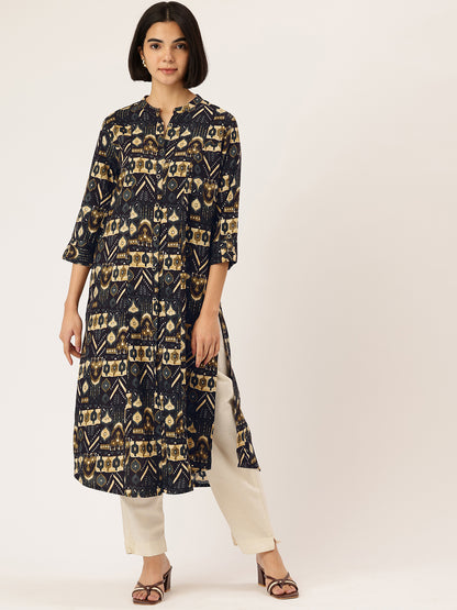Black Geometric Printed A-Line Kurta, Black A-line kurta, geometric printed kurta, women ethnic wear, printed kurta for women, A-line kurta for women, black printed kurta