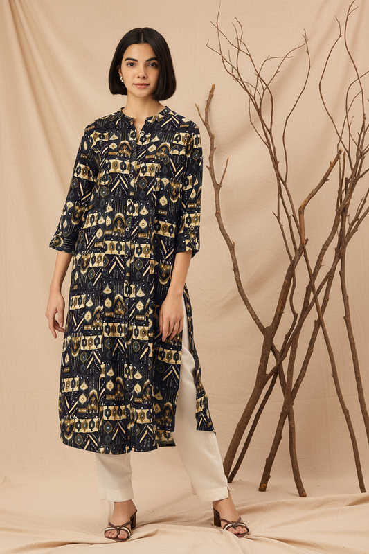 Black Geometric Printed A-Line Kurta