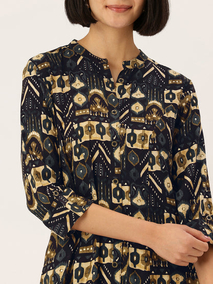 Black Geometric Printed A-Line Kurta, Black A-line kurta, geometric printed kurta, women ethnic wear, printed kurta for women, A-line kurta for women, black printed kurta