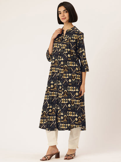 Black Geometric Printed A-Line Kurta, Black A-line kurta, geometric printed kurta, women ethnic wear, printed kurta for women, A-line kurta for women, black printed kurta