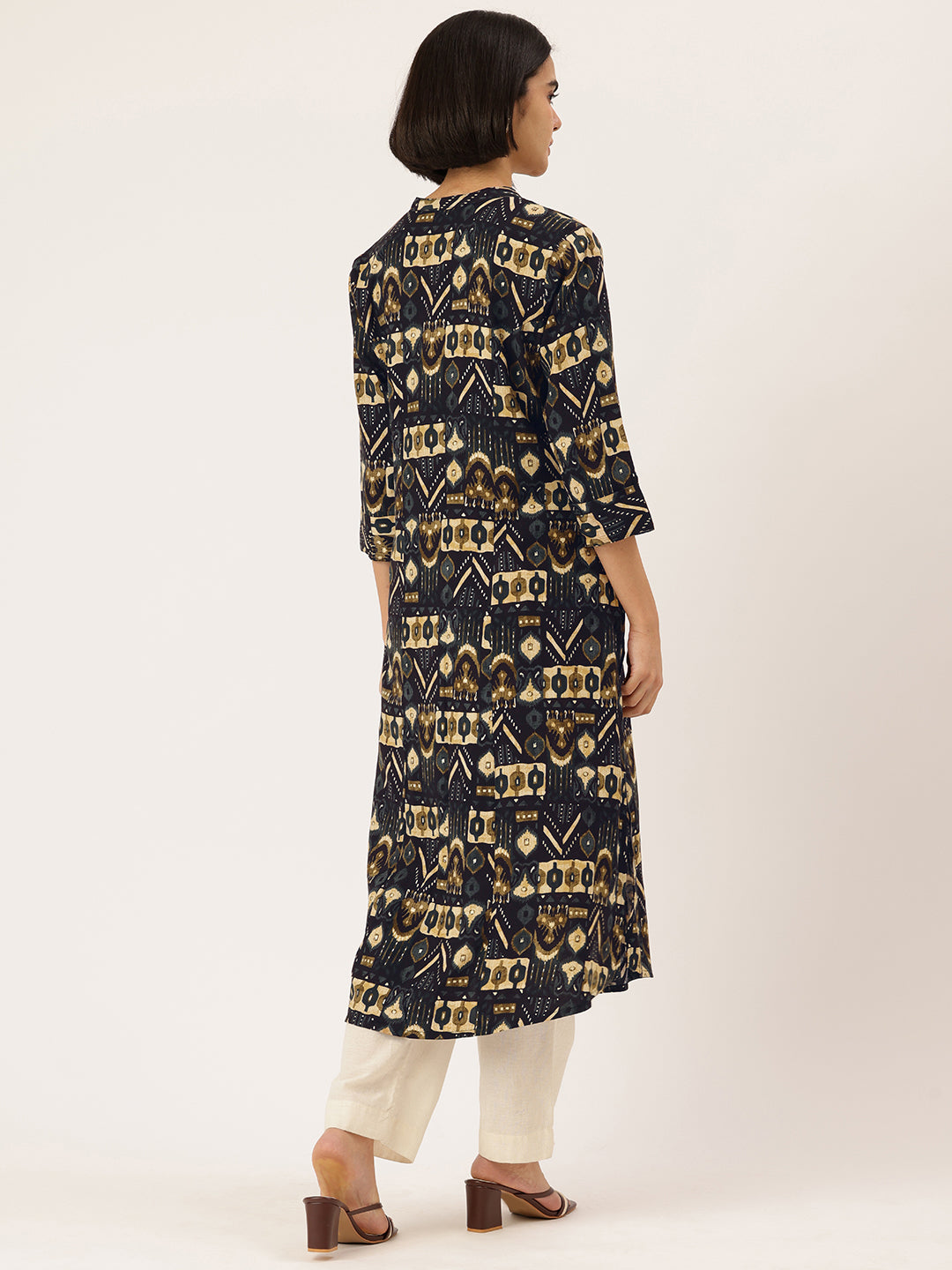 Black Geometric Printed A-Line Kurta, Black A-line kurta, geometric printed kurta, women ethnic wear, printed kurta for women, A-line kurta for women, black printed kurta