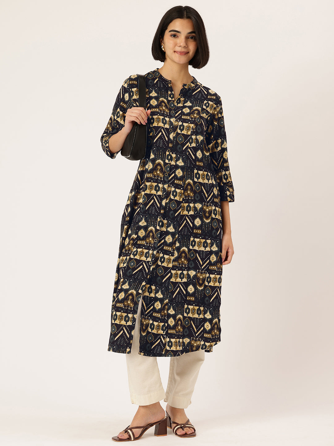 Black Geometric Printed A-Line Kurta, Black A-line kurta, geometric printed kurta, women ethnic wear, printed kurta for women, A-line kurta for women, black printed kurta