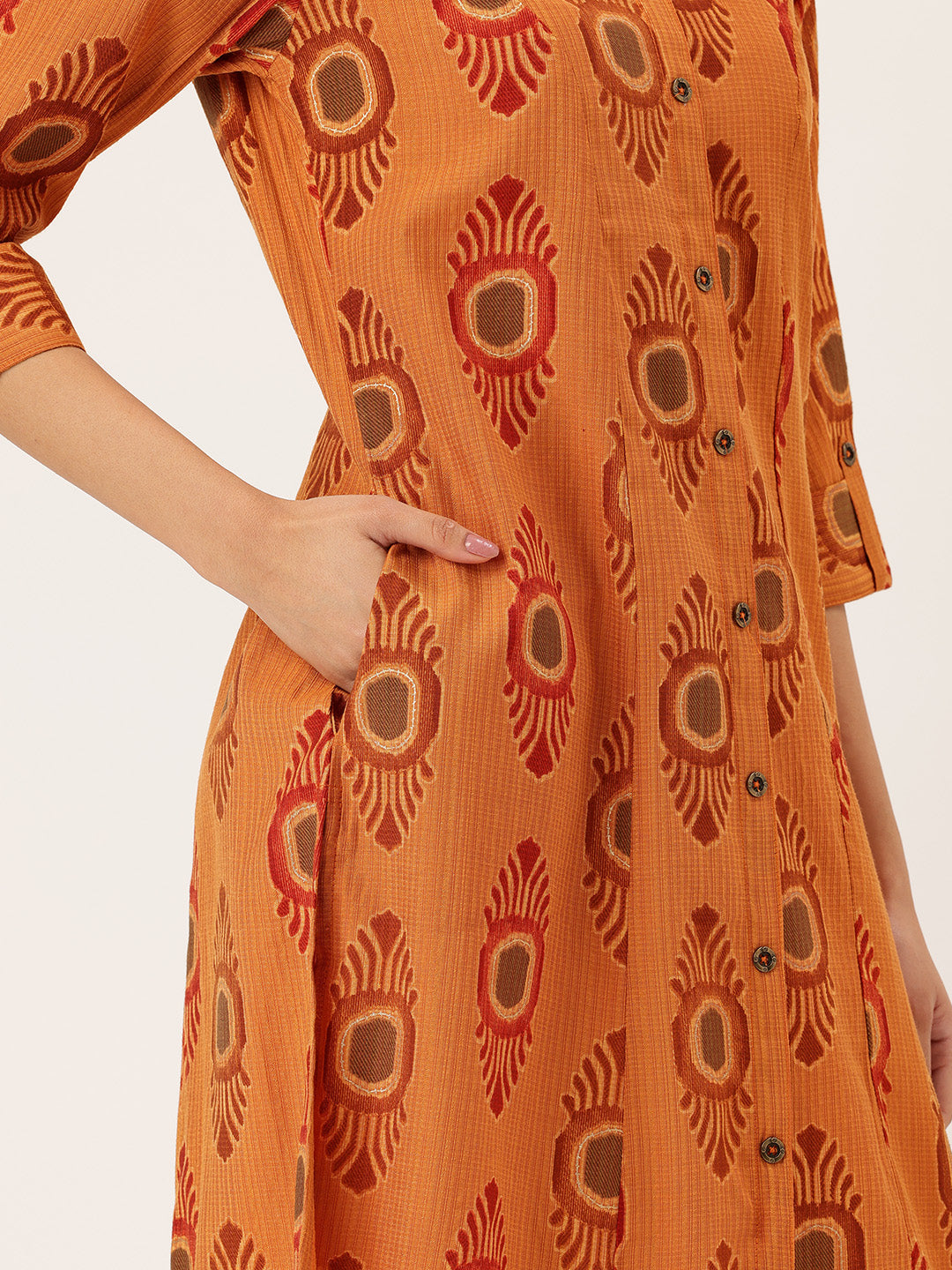 Yellow Ethnic Motifs Printed Mandarin Collar A-Line Kurta, Yellow A-line kurta, ethnic motifs printed kurta, mandarin collar kurta, women ethnic wear, printed kurta for women, yellow ethnic kurta, A-line kurta women