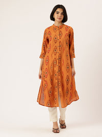 Yellow Ethnic Motifs Printed Mandarin Collar A-Line Kurta, Yellow A-line kurta, ethnic motifs printed kurta, mandarin collar kurta, women ethnic wear, printed kurta for women, yellow ethnic kurta, A-line kurta women