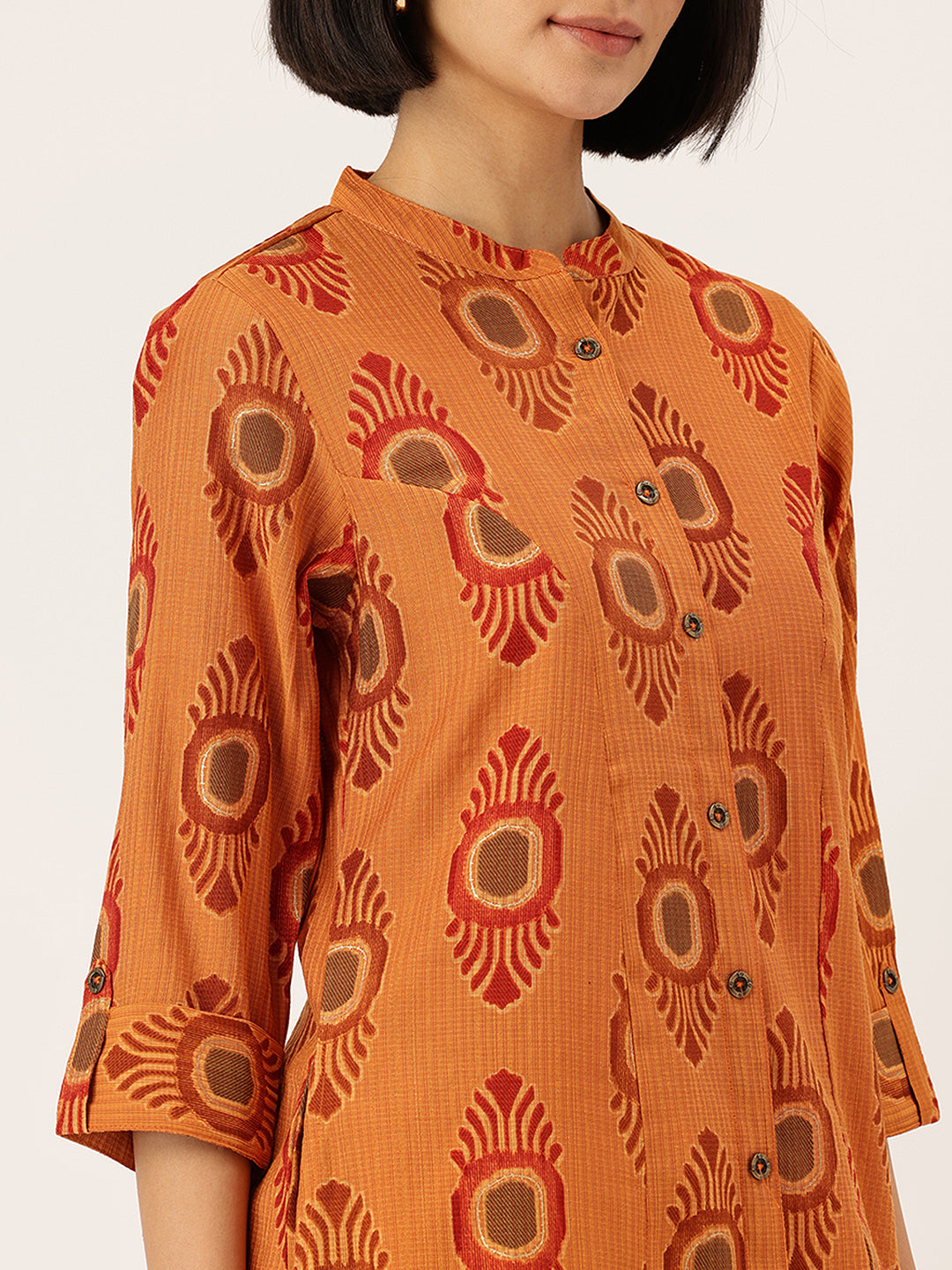 Yellow Ethnic Motifs Printed Mandarin Collar A-Line Kurta, Yellow A-line kurta, ethnic motifs printed kurta, mandarin collar kurta, women ethnic wear, printed kurta for women, yellow ethnic kurta, A-line kurta women