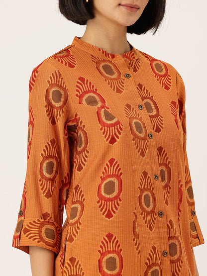 Yellow Ethnic Motifs Printed Mandarin Collar A-Line Kurta, Yellow A-line kurta, ethnic motifs printed kurta, mandarin collar kurta, women ethnic wear, printed kurta for women, yellow ethnic kurta, A-line kurta women