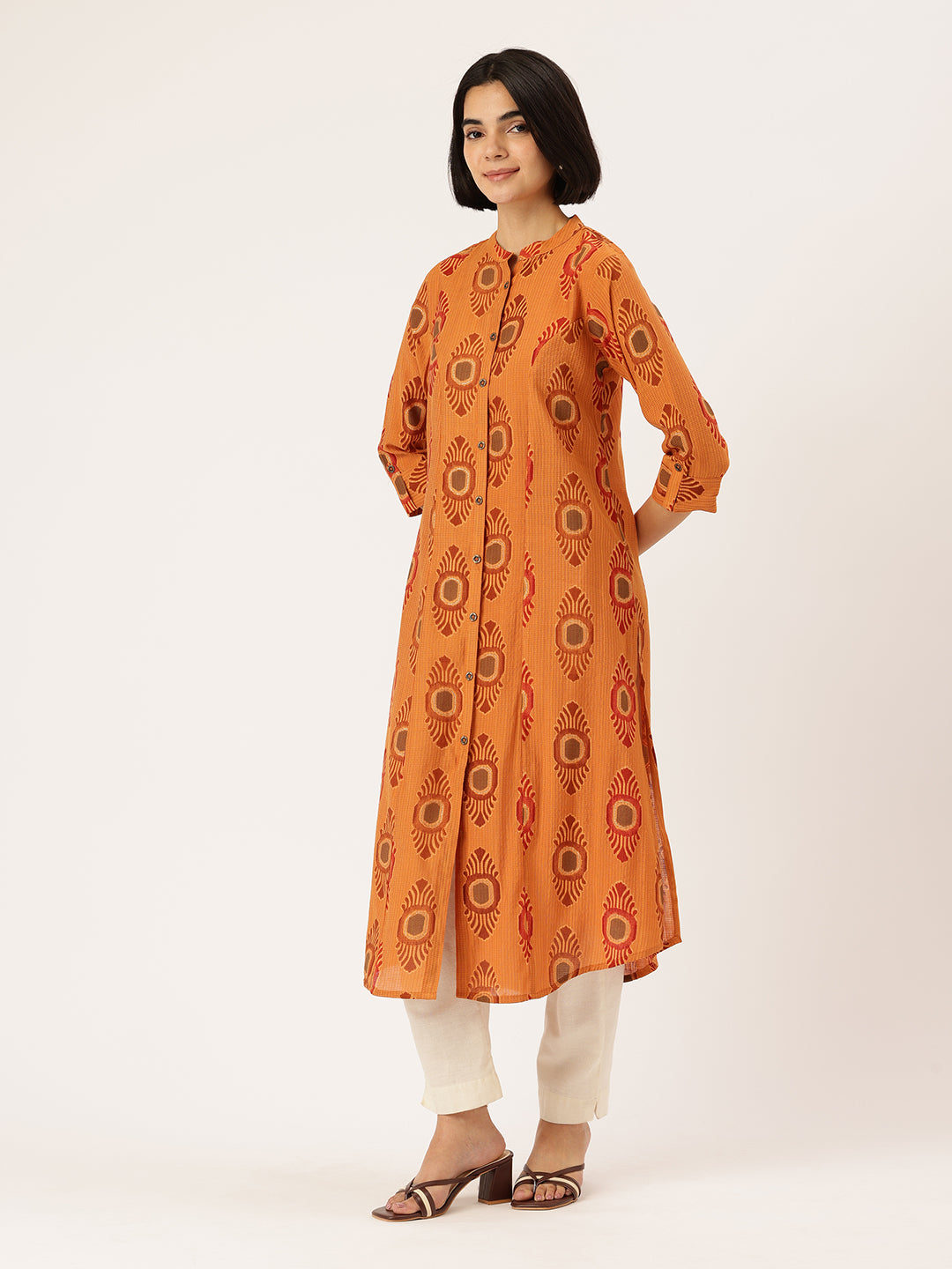 Yellow Ethnic Motifs Printed Mandarin Collar A-Line Kurta, Yellow A-line kurta, ethnic motifs printed kurta, mandarin collar kurta, women ethnic wear, printed kurta for women, yellow ethnic kurta, A-line kurta women