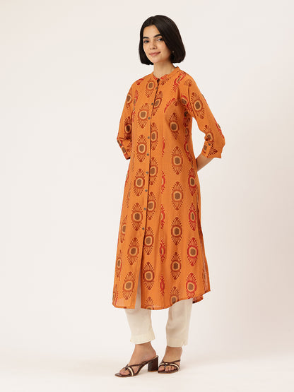 Yellow Ethnic Motifs Printed Mandarin Collar A-Line Kurta, Yellow A-line kurta, ethnic motifs printed kurta, mandarin collar kurta, women ethnic wear, printed kurta for women, yellow ethnic kurta, A-line kurta women