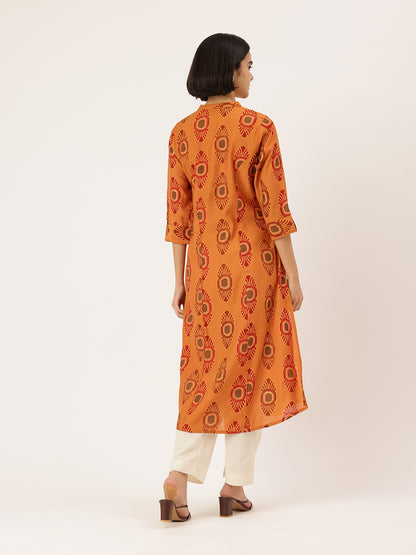 Yellow Ethnic Motifs Printed Mandarin Collar A-Line Kurta, Yellow A-line kurta, ethnic motifs printed kurta, mandarin collar kurta, women ethnic wear, printed kurta for women, yellow ethnic kurta, A-line kurta women