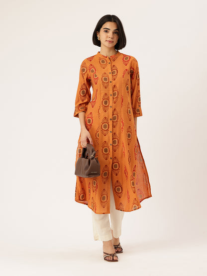 Yellow Ethnic Motifs Printed Mandarin Collar A-Line Kurta, Yellow A-line kurta, ethnic motifs printed kurta, mandarin collar kurta, women ethnic wear, printed kurta for women, yellow ethnic kurta, A-line kurta women