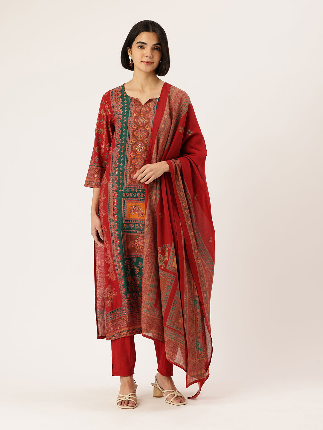 Red Ethnic Motifs Printed Kurta with Trousers With Dupatta, Red kurta set, ethnic motifs printed kurta set, kurta trouser dupatta set, women ethnic wear, printed kurta set for women, Red ethnic kurta set, traditional motifs kurta set, Indian ethnic wear Kurta Set, festive wear women Kurta Set