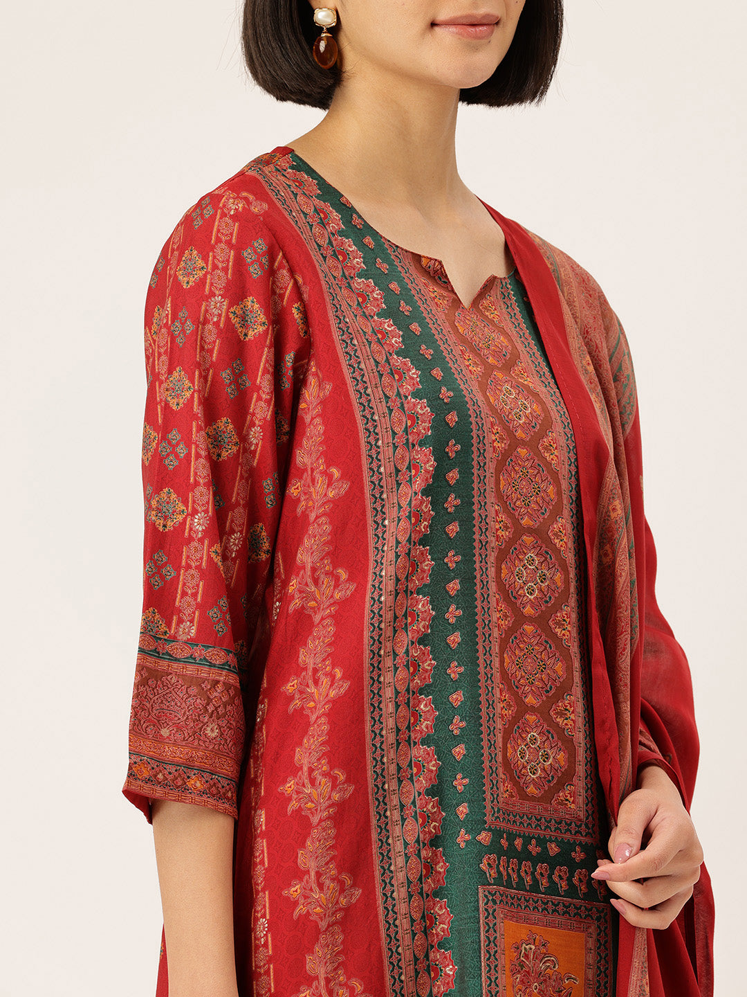 Red Ethnic Motifs Printed Kurta with Trousers With Dupatta, Red kurta set, ethnic motifs printed kurta set, kurta trouser dupatta set, women ethnic wear, printed kurta set for women, Red ethnic kurta set, traditional motifs kurta set, Indian ethnic wear Kurta Set, festive wear women Kurta Set