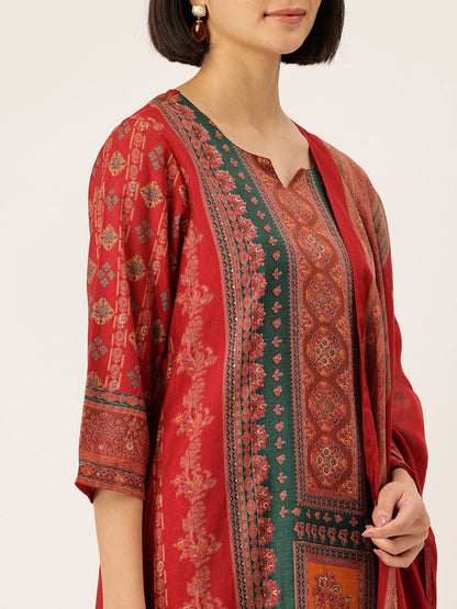 Red Ethnic Motifs Printed Kurta with Trousers With Dupatta, Red kurta set, ethnic motifs printed kurta set, kurta trouser dupatta set, women ethnic wear, printed kurta set for women, Red ethnic kurta set, traditional motifs kurta set, Indian ethnic wear Kurta Set, festive wear women Kurta Set