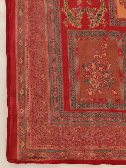 Red Ethnic Motifs Printed Kurta with Trousers With Dupatta, Red kurta set, ethnic motifs printed kurta set, kurta trouser dupatta set, women ethnic wear, printed kurta set for women, Red ethnic kurta set, traditional motifs kurta set, Indian ethnic wear Kurta Set, festive wear women Kurta Set