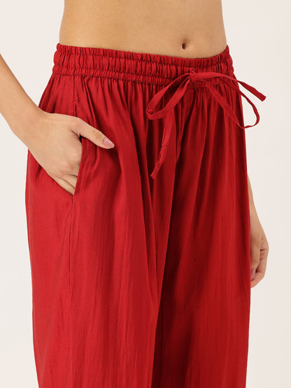 Red Ethnic Motifs Printed Kurta with Trousers With Dupatta, Red kurta set, ethnic motifs printed kurta set, kurta trouser dupatta set, women ethnic wear, printed kurta set for women, Red ethnic kurta set, traditional motifs kurta set, Indian ethnic wear Kurta Set, festive wear women Kurta Set