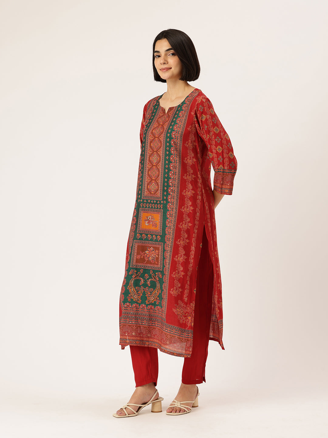 Red Ethnic Motifs Printed Kurta with Trousers With Dupatta, Red kurta set, ethnic motifs printed kurta set, kurta trouser dupatta set, women ethnic wear, printed kurta set for women, Red ethnic kurta set, traditional motifs kurta set, Indian ethnic wear Kurta Set, festive wear women Kurta Set