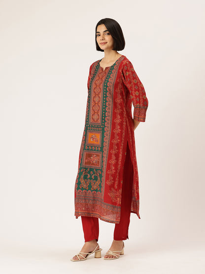 Red Ethnic Motifs Printed Kurta with Trousers With Dupatta, Red kurta set, ethnic motifs printed kurta set, kurta trouser dupatta set, women ethnic wear, printed kurta set for women, Red ethnic kurta set, traditional motifs kurta set, Indian ethnic wear Kurta Set, festive wear women Kurta Set