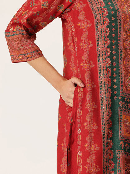 Red Ethnic Motifs Printed Kurta with Trousers With Dupatta, Red kurta set, ethnic motifs printed kurta set, kurta trouser dupatta set, women ethnic wear, printed kurta set for women, Red ethnic kurta set, traditional motifs kurta set, Indian ethnic wear Kurta Set, festive wear women Kurta Set