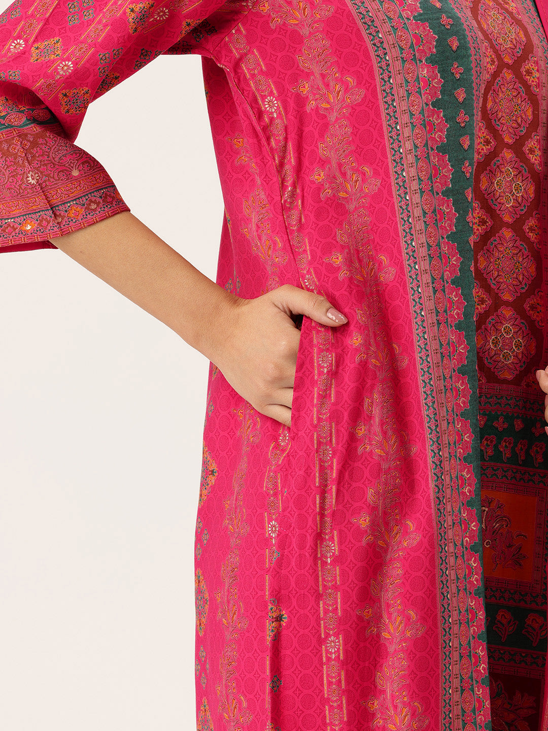 Pink Ethnic Motifs Printed Kurta with Trousers With Dupatta, Pink kurta set, ethnic motifs printed kurta set, kurta trouser dupatta set, women ethnic wear, printed kurta set for women, pink ethnic kurta set, traditional motifs kurta set, Indian ethnic wear Kurta Set, festive wear women Kurta Set