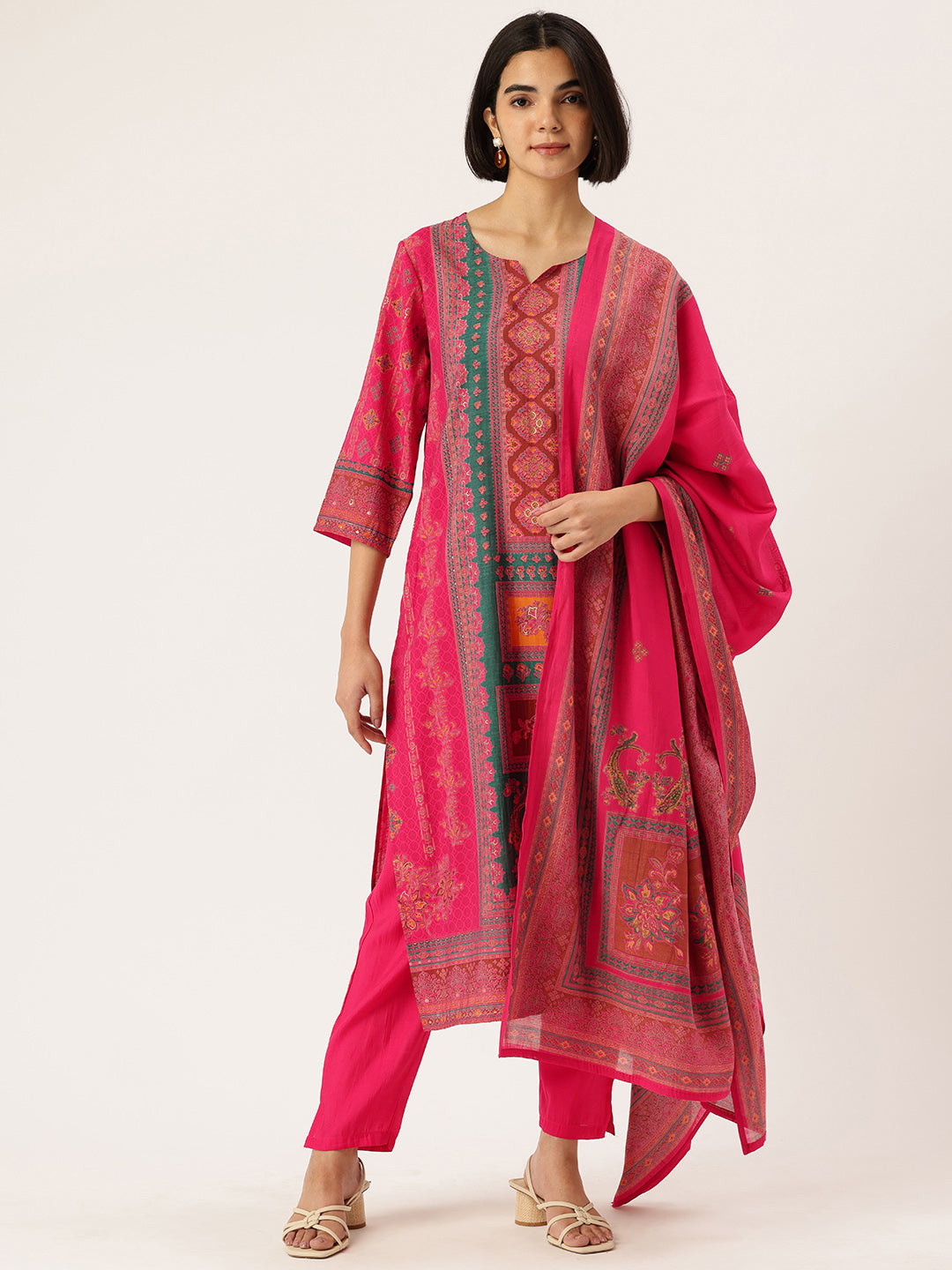 Pink Ethnic Motifs Printed Kurta with Trousers With Dupatta, Pink kurta set, ethnic motifs printed kurta set, kurta trouser dupatta set, women ethnic wear, printed kurta set for women, pink ethnic kurta set, traditional motifs kurta set, Indian ethnic wear Kurta Set, festive wear women Kurta Set