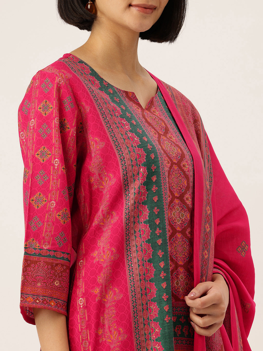 Pink Ethnic Motifs Printed Kurta with Trousers With Dupatta, Pink kurta set, ethnic motifs printed kurta set, kurta trouser dupatta set, women ethnic wear, printed kurta set for women, pink ethnic kurta set, traditional motifs kurta set, Indian ethnic wear Kurta Set, festive wear women Kurta Set
