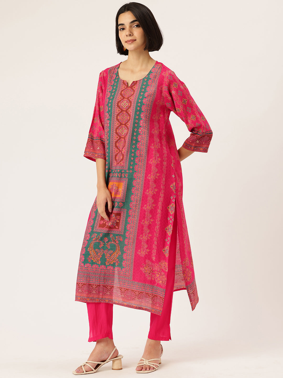 Pink Ethnic Motifs Printed Kurta with Trousers With Dupatta, Pink kurta set, ethnic motifs printed kurta set, kurta trouser dupatta set, women ethnic wear, printed kurta set for women, pink ethnic kurta set, traditional motifs kurta set, Indian ethnic wear Kurta Set, festive wear women Kurta Set