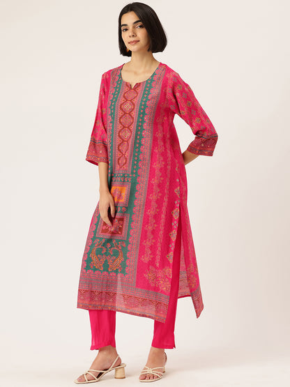 Pink Ethnic Motifs Printed Kurta with Trousers With Dupatta, Pink kurta set, ethnic motifs printed kurta set, kurta trouser dupatta set, women ethnic wear, printed kurta set for women, pink ethnic kurta set, traditional motifs kurta set, Indian ethnic wear Kurta Set, festive wear women Kurta Set