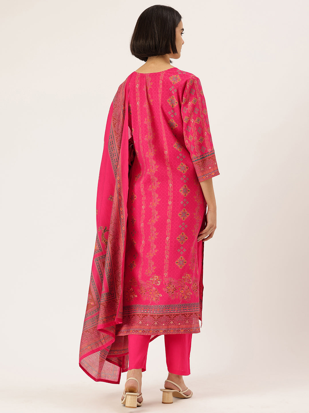 Pink Ethnic Motifs Printed Kurta with Trousers With Dupatta, Pink kurta set, ethnic motifs printed kurta set, kurta trouser dupatta set, women ethnic wear, printed kurta set for women, pink ethnic kurta set, traditional motifs kurta set, Indian ethnic wear Kurta Set, festive wear women Kurta Set