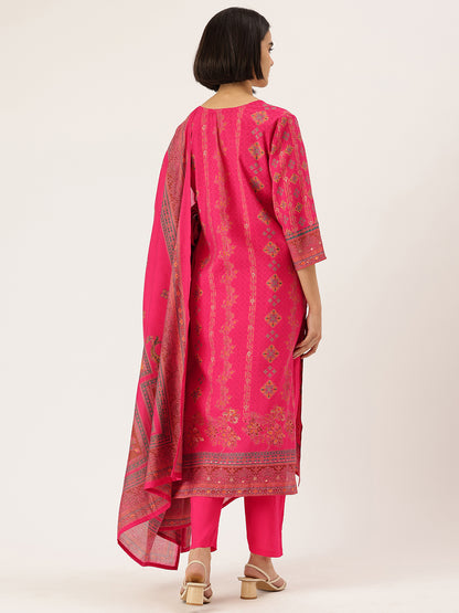Pink Ethnic Motifs Printed Kurta with Trousers With Dupatta, Pink kurta set, ethnic motifs printed kurta set, kurta trouser dupatta set, women ethnic wear, printed kurta set for women, pink ethnic kurta set, traditional motifs kurta set, Indian ethnic wear Kurta Set, festive wear women Kurta Set