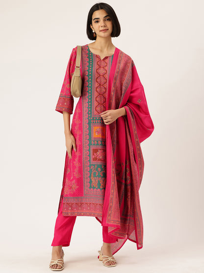 Pink Ethnic Motifs Printed Kurta with Trousers With Dupatta, Pink kurta set, ethnic motifs printed kurta set, kurta trouser dupatta set, women ethnic wear, printed kurta set for women, pink ethnic kurta set, traditional motifs kurta set, Indian ethnic wear Kurta Set, festive wear women Kurta Set