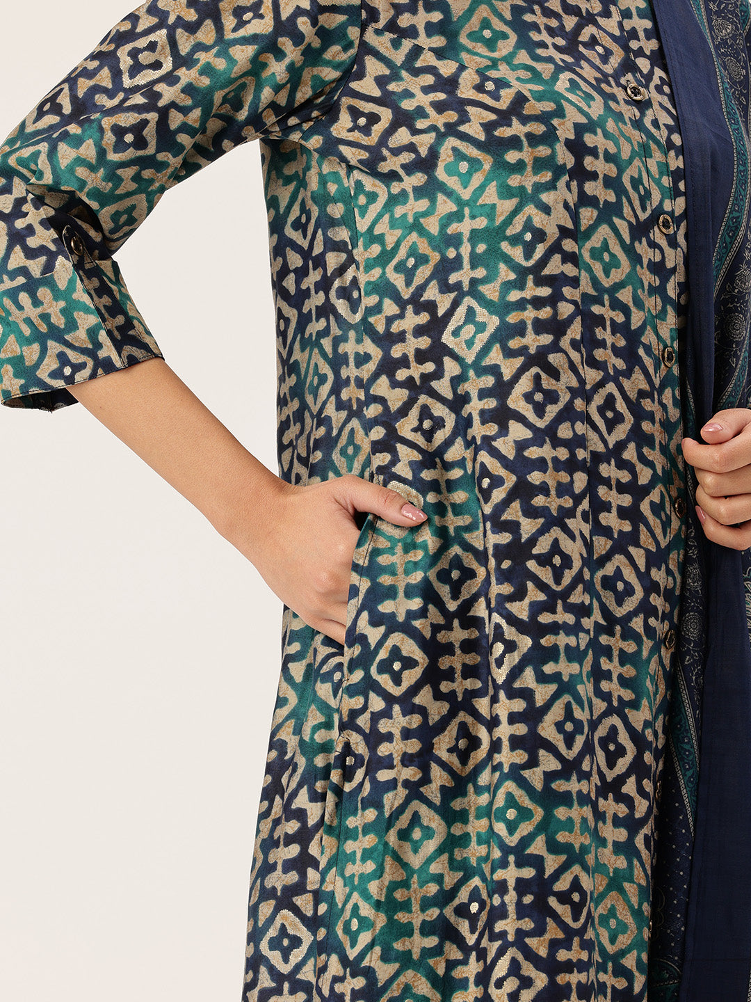 Geometric Printed Roll-Up Sleeves A-Line Kurta & Trousers With Dupatta ,geometric print, printed kurta set, A-line kurta, roll-up sleeves, kurta trouser set, kurta with dupatta, ethnic set, women ethnic wear, festive wear, casual ethnic, co-ord set